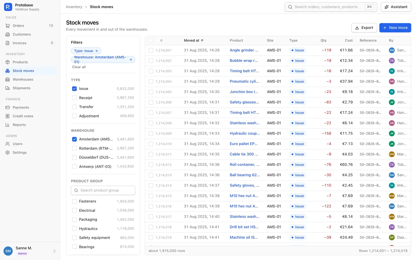The stock moves list scrolled deep into 10 million rows, with facet counts in the filter panel.