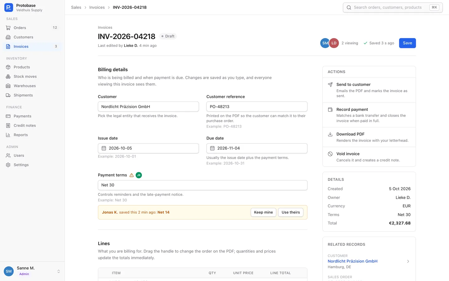 An invoice record with help text under each field, inline lines, an autosave status, two editors' avatars and one conflict warning.